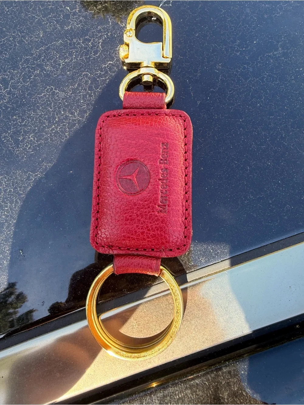 Mercedes Red Leather Key Fob with Gold Hardware